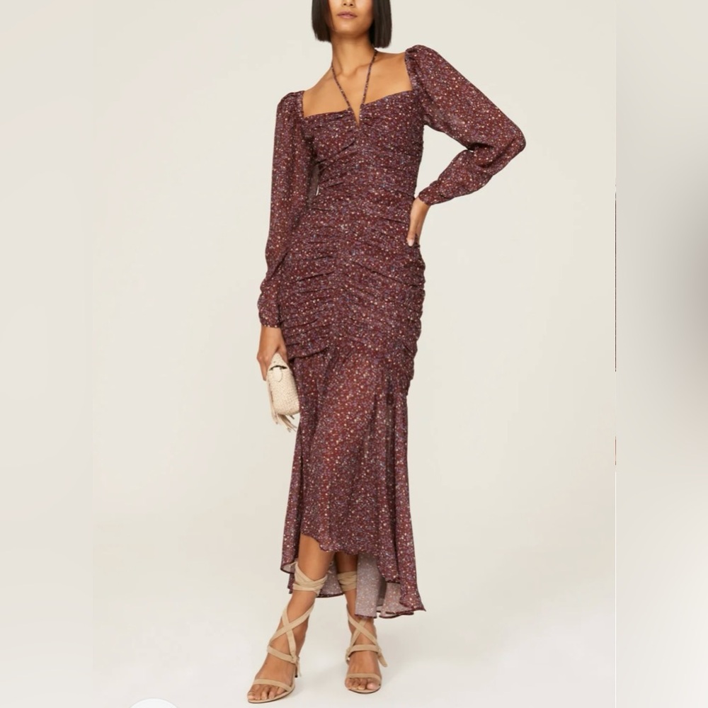 ASTR the Label Burgundy Midi Dress with Floral Ditsy Print 1920s style size Med